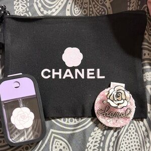 Black and Pink Women's Canvas Pouch with Matching Spray Bottle & Mirror.